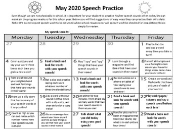 Distance Learning Articulation Practice Calendar (May 2020) by Courtney ...