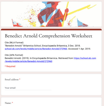 Preview of Distance Learning: Benedict Arnold Article (Reading Level 2) Comp. Wks.