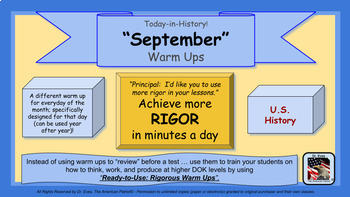 Preview of Rigorous Warm Ups: US History - [September] (Distance Learning & GC Ready)