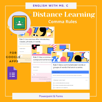 Preview of Distance Learning: Comma Rules Google Forms QUIZZES and PowerPoint