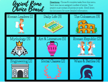 Preview of Distance Learning: Digital Ancient Rome Choice Board Menu Project