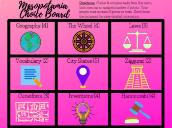 Preview of Distance Learning: Digital Mesopotamia Choice Board Menu Project
