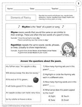 Distance Learning - Elements of Poetry Worksheets by Homework Hut