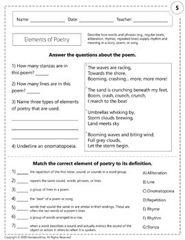 Distance Learning - Elements of Poetry Worksheets by Homework Hut