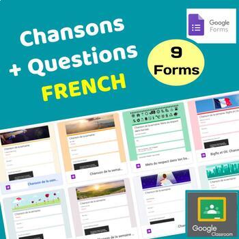 Preview of Distance Learning: [FRENCH] Songs + Questions | Google Classroom | 9 Quiz Forms