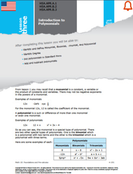 Preview of Distance Learning HSA:Polynomials&Factoring:L3:Intro to Polynomials APR.A.1B.2&3