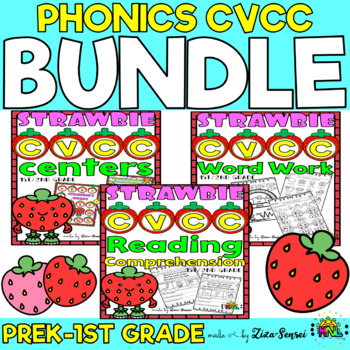 Preview of CVCC Centers Reading Comprehension Word Work Worksheets Strawberry BUNDLE