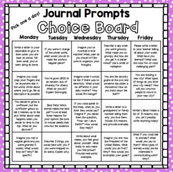 Preview of Distance Learning! Journal Prompts Choice Board (Grades 2-5)