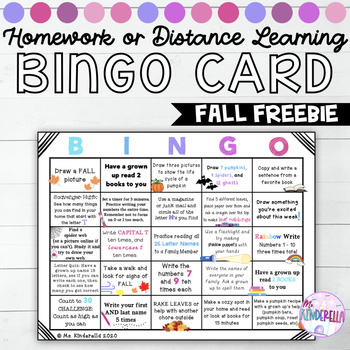 Preview of Kindergarten Bingo Homework Choice Card Fall Freebie