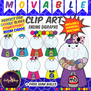 Preview of Distance Learning Movable Clip art Gumball Machine Ending Digraphs/ Blends