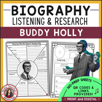 Preview of Musician Worksheets - BUDDY HOLLY Biography Research and Listening Activities