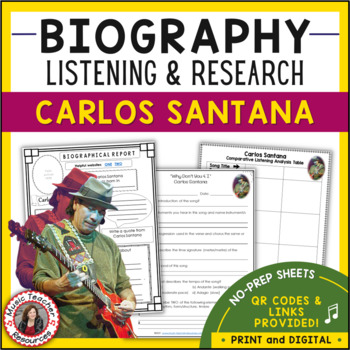 Preview of CARLOS SANTANA Music Listening Activities and Biography Research Worksheets