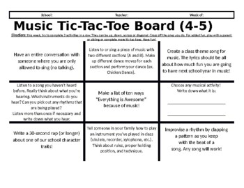 Preview of Distance Learning Music Tic-Tac-Toe Choice Board for 4-5 *Version 3