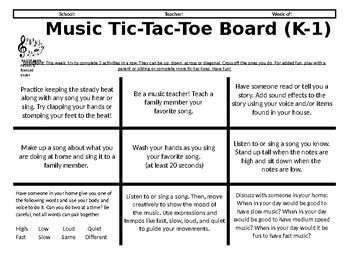 Preview of Distance Learning Music Tic-Tac-Toe Choice Board for K-1 *Version 1