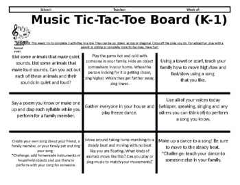 Preview of Distance Learning Music Tic-Tac-Toe Choice Board for K-1 *Version 2.