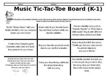 Preview of Distance Learning Music Tic-Tac-Toe Choice Board for K-1 *Version 3