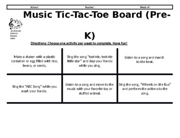 Preview of Distance Learning Music Tic-Tac-Toe Choice Board for Preschool