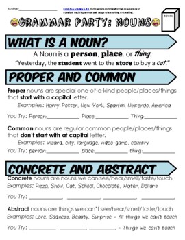 Preview of Distance Learning Nouns Grammar Party Worksheet Packet + Test