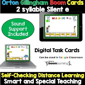 Preview of Distance Learning Orton Gillingham 2 Syllable Silent E Word Sentences Boom Cards