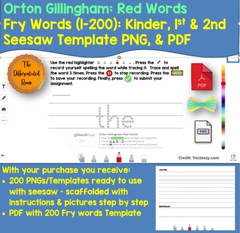 Preview of Distance Learning: Orton-Gillingham Red Words (Fry) Seesaw Templates: Kinder-2nd