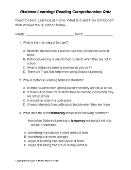 Preview of Distance Learning Reading Comprehension Quiz