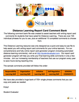 Preview of Distance Learning Report Card Comment Bank - Sample Comments and Phrases