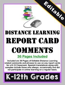 Preview of Distance Learning Report Card Comments (Editable)