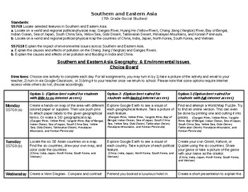 Preview of Distance Learning SE Asia Physical Features and Environmental Issue Choice Board