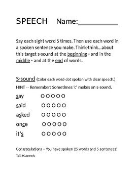 Preview of Distance Learning Speech Practice with Sight Words
