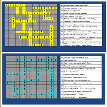 Distance Learning Summer Themed Digital Crossword Puzzles Back to School