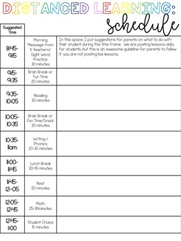 Preview of Distanced Learning Schedule Template, Class codes sheet, and others in RAINBOW