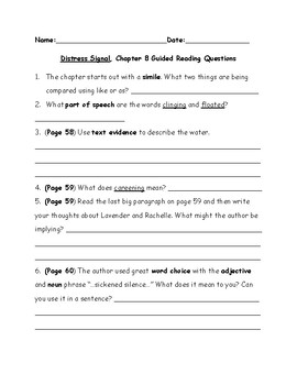 Preview of Distress Signal (a survival novel) Ch. 9 Guided Reading Questions