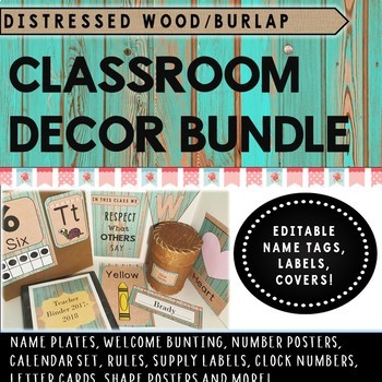 Preview of Distressed Wood Teal and Burlap Classroom Decor Set (Editable)