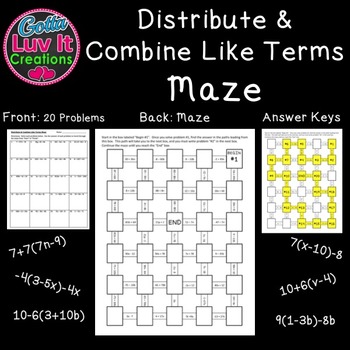 Preview of Distribute & Combine Like Terms with Negatives Math Maze Distributive Property