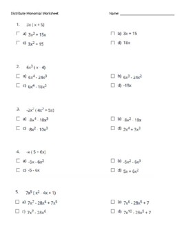 Preview of Distribute a Monomial Practice Worksheet/Quiz