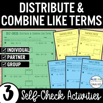 Preview of Combining Like Terms and Distributive Property Worksheet | Review Activities