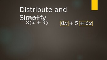 Preview of Distribute and Simplify -Review for Algebra or 8th -PowerPoint (w/ free video)