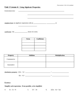 Preview of Distributive, Commutative, and Associative Properties Notes Outline