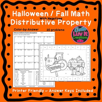 Preview of Halloween Math Distributive Property Negatives Fall Math Color by Number