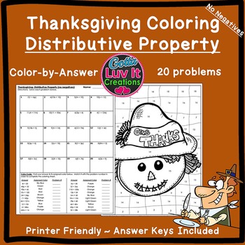 Preview of Thanksgiving Math Distributive Property Fall Math Color by Number