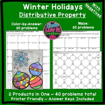 Preview of Christmas Math Winter Math Distributive Property Negatives Holiday Activity