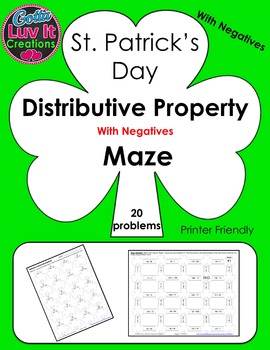 Preview of Distributive Property with Negatives Math Maze St. Patrick's Day Math Activity