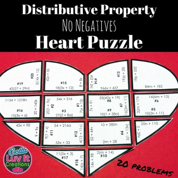 Preview of Distributive Property No Negatives Math Heart Puzzle Activity