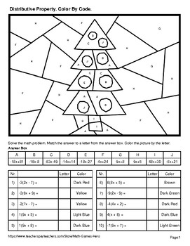 Distributive Property - Christmas Coloring Worksheets | Color by Code