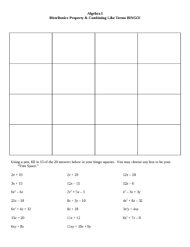 Preview of Distributive Property & Combining Like Terms 4 x 4 Bingo