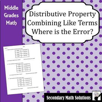 Preview of Distributive Property, Combining Like Terms, Where is the Error? Practice