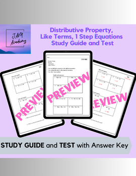 Preview of Distributive Property, Like Terms, 1 Step Equations Test and Study Guide & Key
