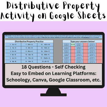 Preview of Distributive Property Practice Self Checking Digital Resource (on Google Sheets)