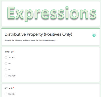 Preview of Distributive Property Quiz or Homework (Google Forms)