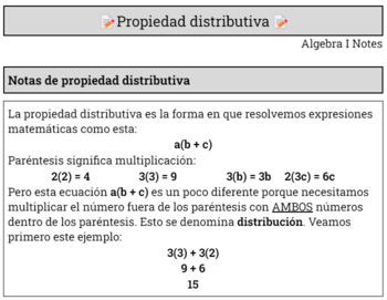 Preview of Distributive Property (Spanish) Student Notes + Blanks for Examples Algebra I